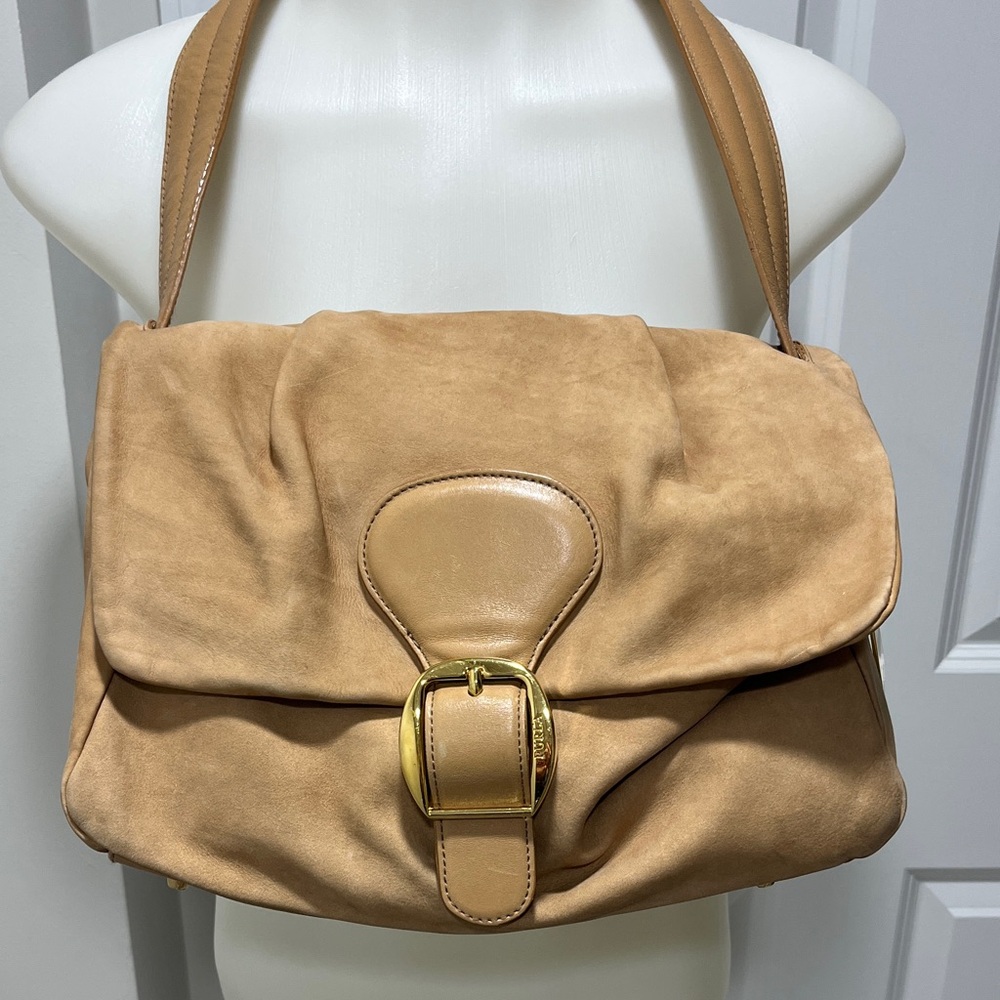 FURLA light tan shoulder bag. SOFTEST suede body and leather buckle/strap.